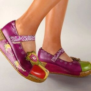Socofy Handmade Floral Colerful Mary Jane Platform Clogs Size US 9 EUR 40